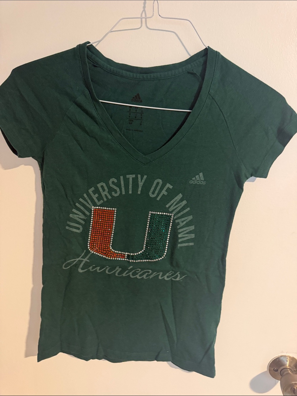 adidas Women's Dark Green University of Miami Rhinestone V-Neck Tee